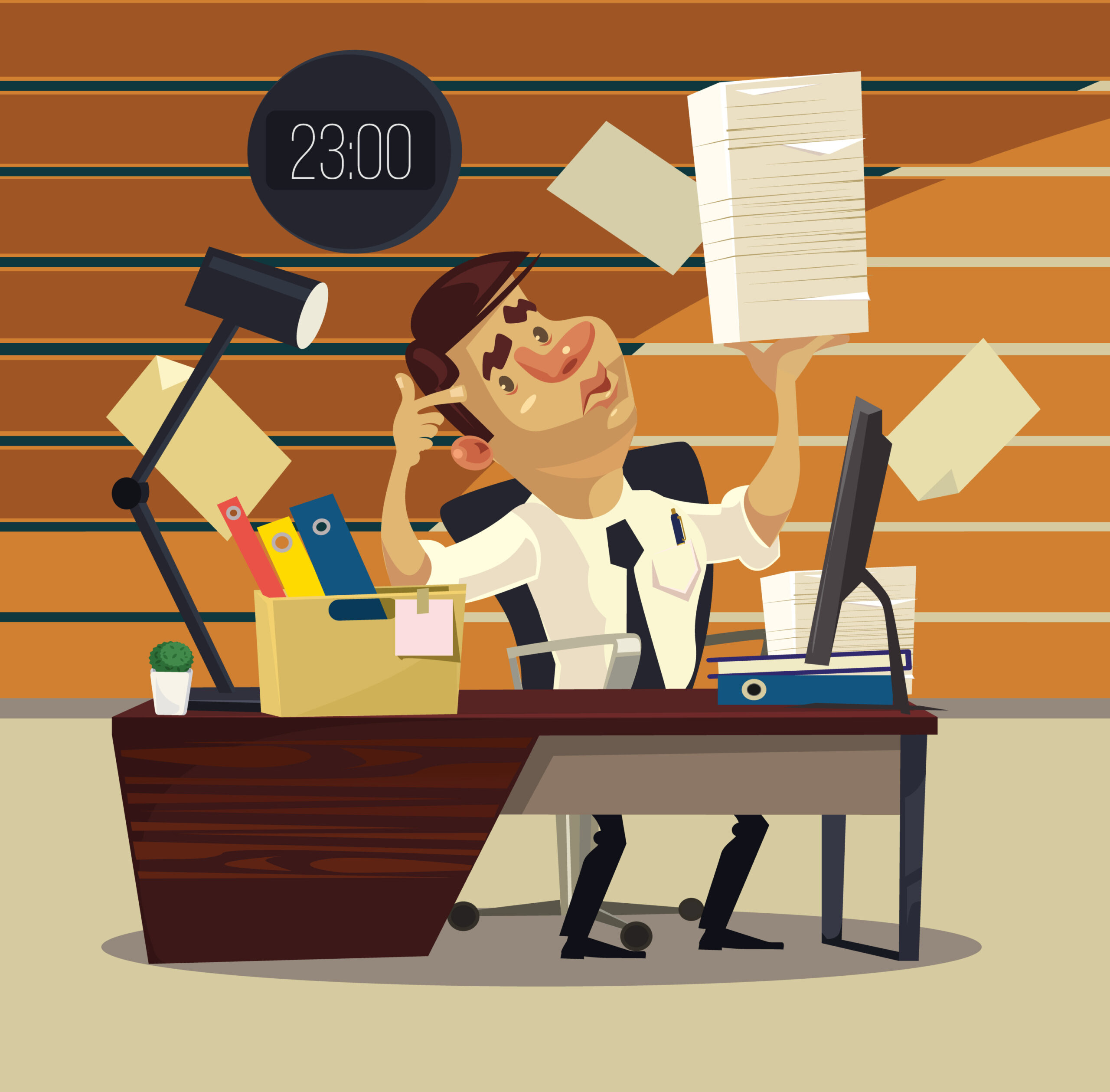 Ilustracja mężczyzna przy biurku z paczami dokumentów – metafora przeciążenia pracą i wypalenia